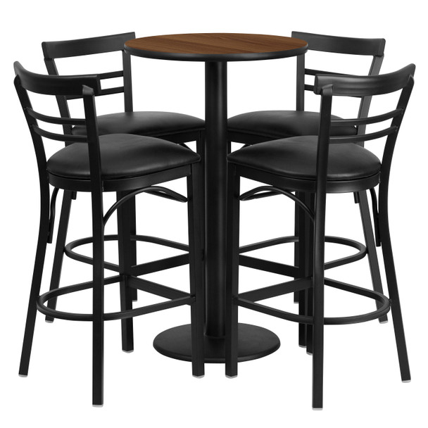 Jamie 24'' Round Walnut Laminate Table Set with Round Base and 4 Two-Slat Ladder Back Metal Barstools - Black Vinyl Seat