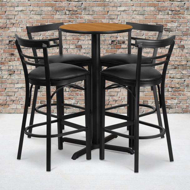 Carlton 24'' Round Natural Laminate Table Set with X-Base and 4 Two-Slat Ladder Back Metal Barstools - Black Vinyl Seat