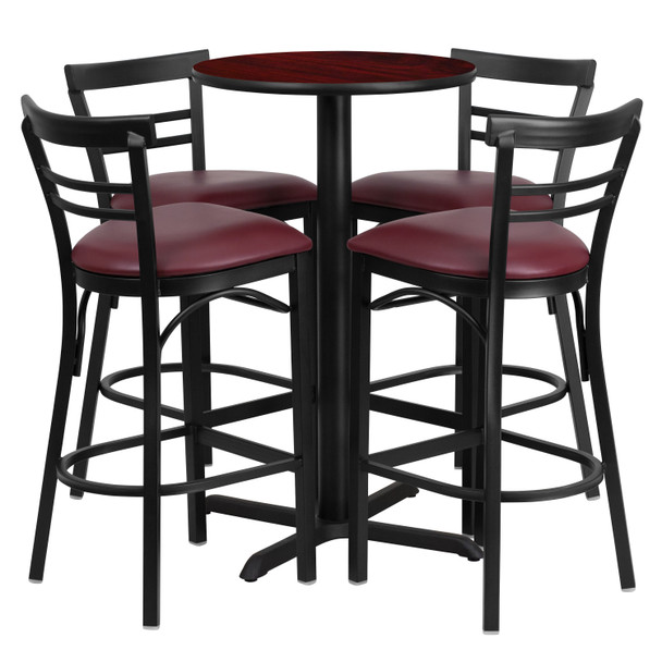 Carlton 24'' Round Mahogany Laminate Table Set with X-Base and 4 Two-Slat Ladder Back Metal Barstools - Burgundy Vinyl Seat