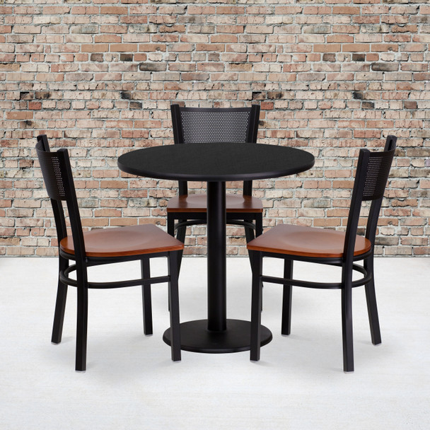 Clark 30'' Round Black Laminate Table Set with 3 Grid Back Metal Chairs - Cherry Wood Seat