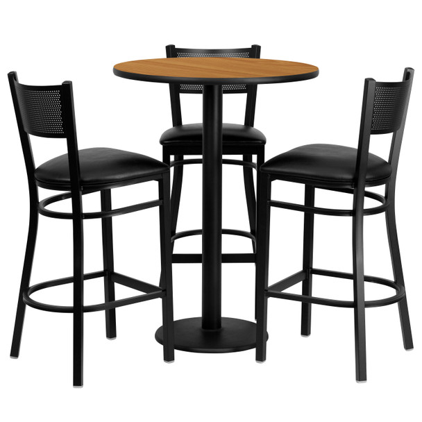 Clark 30'' Round Natural Laminate Table Set with 3 Grid Back Metal Barstools - Black Vinyl Seat