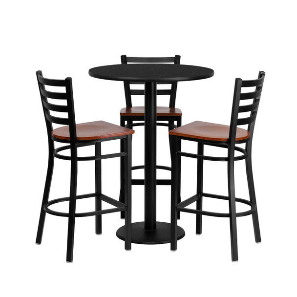 Clark 30'' Round Black Laminate Table Set with 3 Ladder Back Metal Barstools - Cherry Wood Seat
