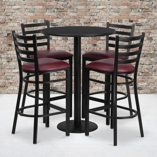 Jamie 30'' Round Black Laminate Table Set with Round Base and 4 Ladder Back Metal Barstools - Burgundy Vinyl Seat