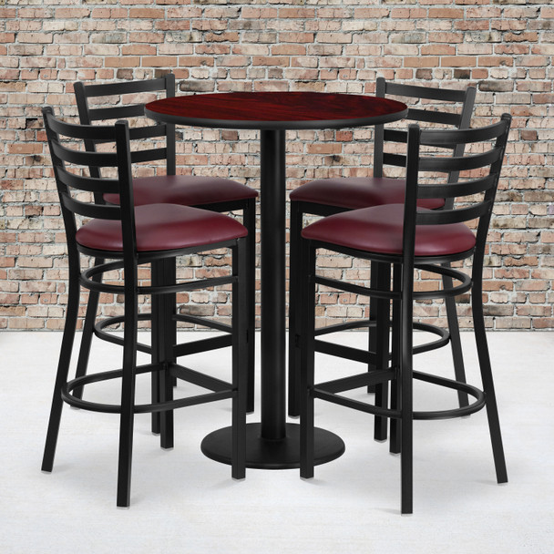 Jamie 30'' Round Mahogany Laminate Table Set with Round Base and 4 Ladder Back Metal Barstools - Burgundy Vinyl Seat