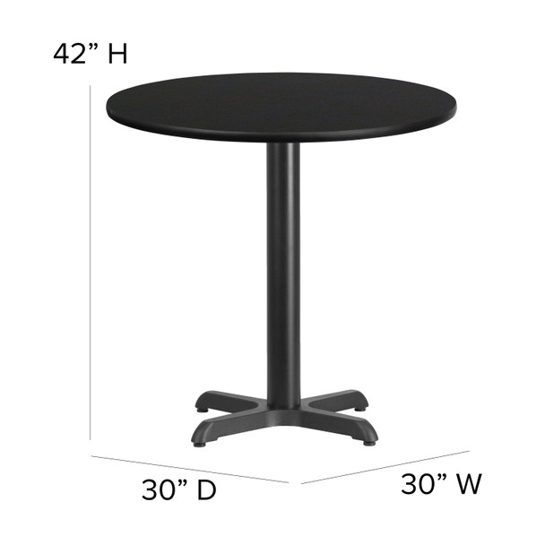 Carlton 30'' Round Black Laminate Table Set with X-Base and 4 Ladder Back Metal Barstools - Black Vinyl Seat