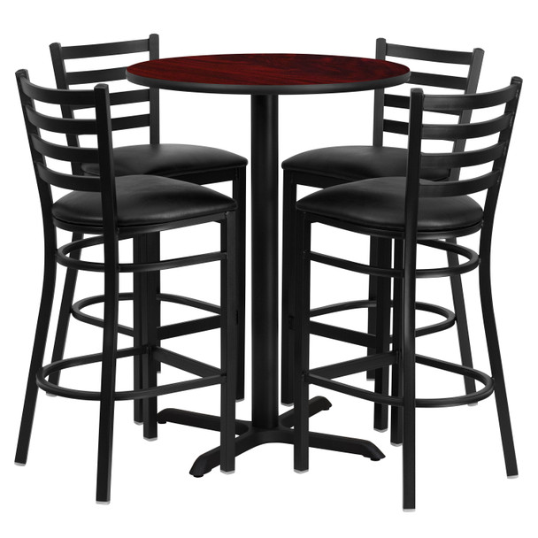 Carlton 30'' Round Mahogany Laminate Table Set with X-Base and 4 Ladder Back Metal Barstools - Black Vinyl Seat