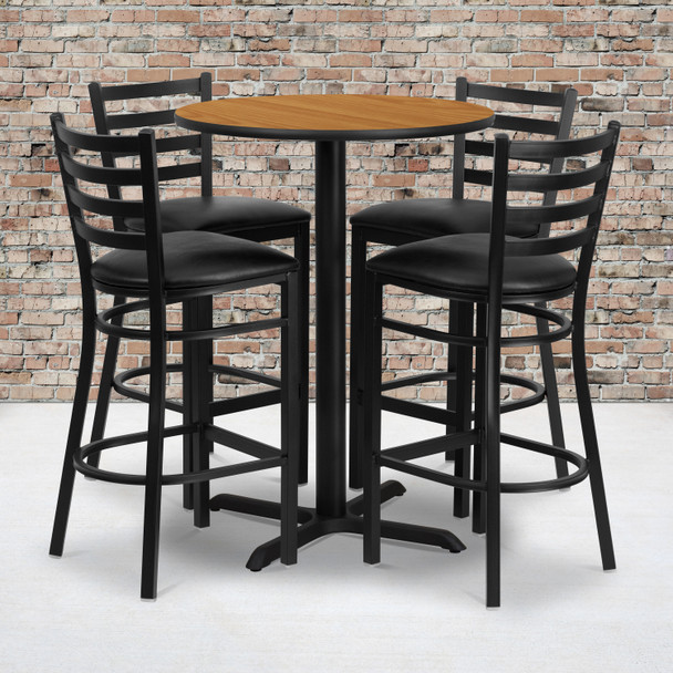 Carlton 30'' Round Natural Laminate Table Set with X-Base and 4 Ladder Back Metal Barstools - Black Vinyl Seat