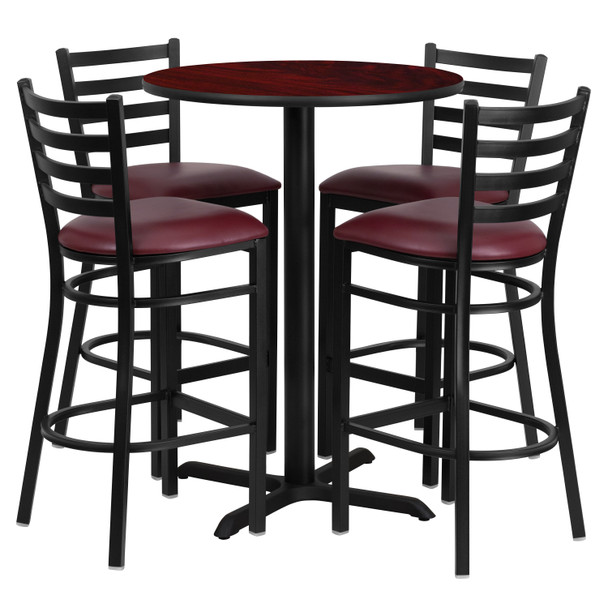 Carlton 30'' Round Mahogany Laminate Table Set with X-Base and 4 Ladder Back Metal Barstools - Burgundy Vinyl Seat