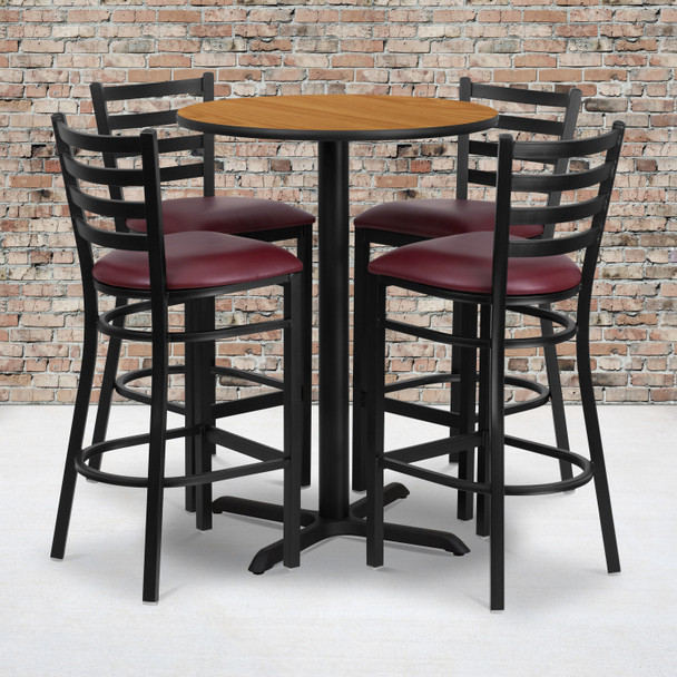 Carlton 30'' Round Natural Laminate Table Set with X-Base and 4 Ladder Back Metal Barstools - Burgundy Vinyl Seat