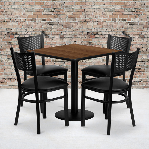 Clark 30'' Square Walnut Laminate Table Set with 4 Grid Back Metal Chairs - Black Vinyl Seat
