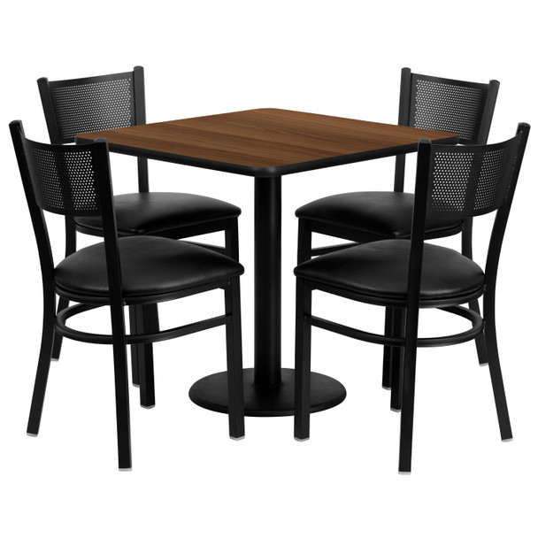 Clark 30'' Square Walnut Laminate Table Set with 4 Grid Back Metal Chairs - Black Vinyl Seat