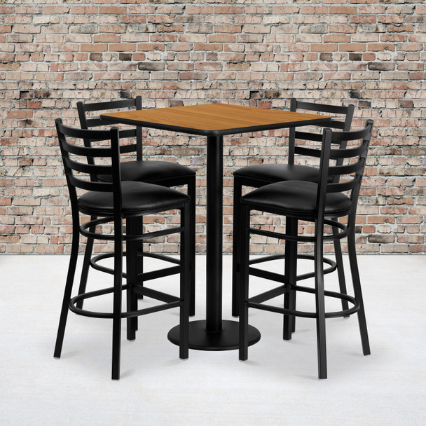 Clark 30'' Square Natural Laminate Table Set with 4 Ladder Back Metal Barstools - Black Vinyl Seat