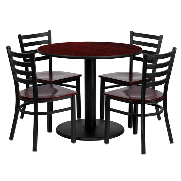 Clark 36'' Round Mahogany Laminate Table Set with 4 Ladder Back Metal Chairs - Mahogany Wood Seat