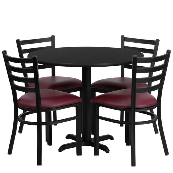 Carlton 36'' Round Black Laminate Table Set with X-Base and 4 Ladder Back Metal Chairs - Burgundy Vinyl Seat