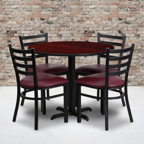 Carlton 36'' Round Mahogany Laminate Table Set with X-Base and 4 Ladder Back Metal Chairs - Burgundy Vinyl Seat