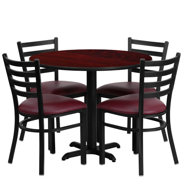Carlton 36'' Round Mahogany Laminate Table Set with X-Base and 4 Ladder Back Metal Chairs - Burgundy Vinyl Seat