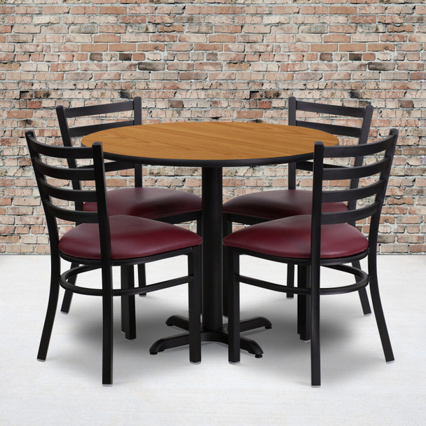 Carlton 36'' Round Natural Laminate Table Set with X-Base and 4 Ladder Back Metal Chairs - Burgundy Vinyl Seat