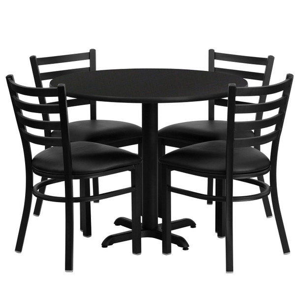 Carlton 36'' Round Black Laminate Table Set with X-Base and 4 Ladder Back Metal Chairs - Black Vinyl Seat