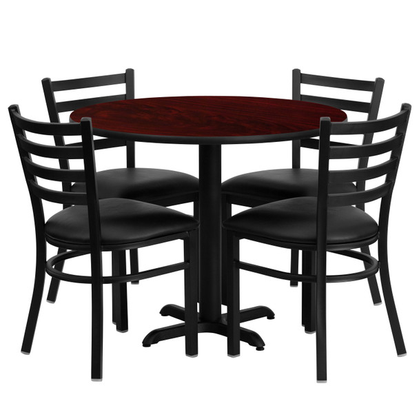 Carlton 36'' Round Mahogany Laminate Table Set with X-Base and 4 Ladder Back Metal Chairs - Black Vinyl Seat