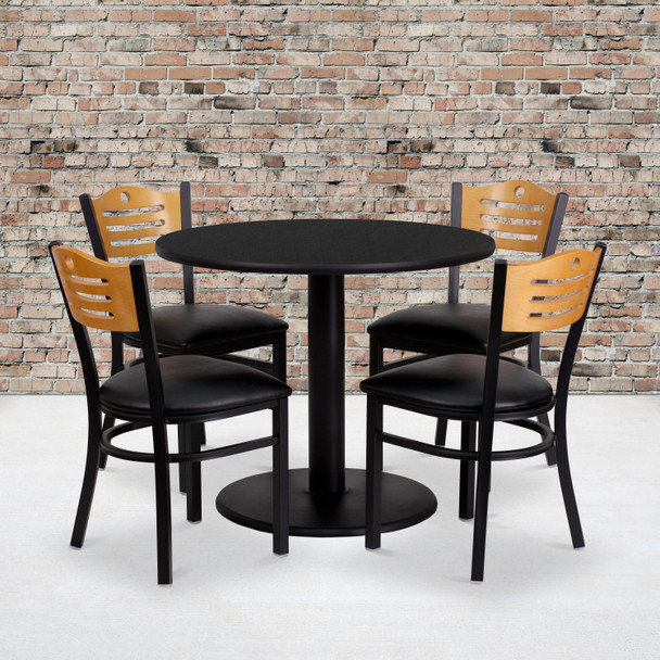 Clark 36'' Round Black Laminate Table Set with 4 Wood Slat Back Metal Chairs - Black Vinyl Seat