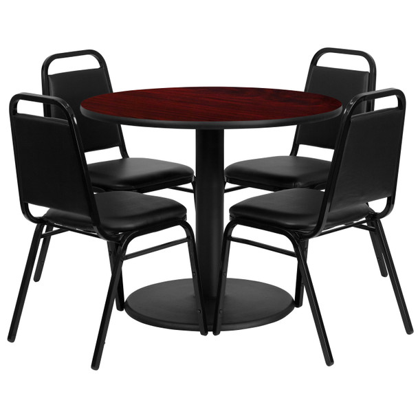 Jamie 36'' Round Mahogany Laminate Table Set with Round Base and 4 Black Trapezoidal Back Banquet Chairs