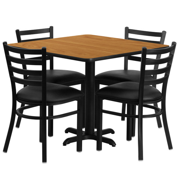 Carlton 36'' Square Natural Laminate Table Set with X-Base and 4 Ladder Back Metal Chairs - Black Vinyl Seat