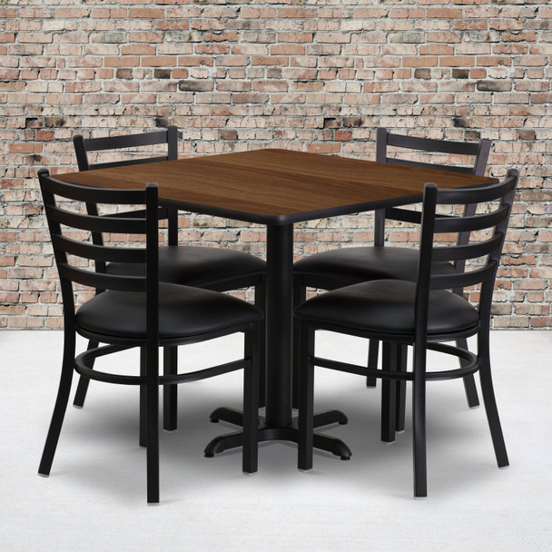 Carlton 36'' Square Walnut Laminate Table Set with X-Base and 4 Ladder Back Metal Chairs - Black Vinyl Seat