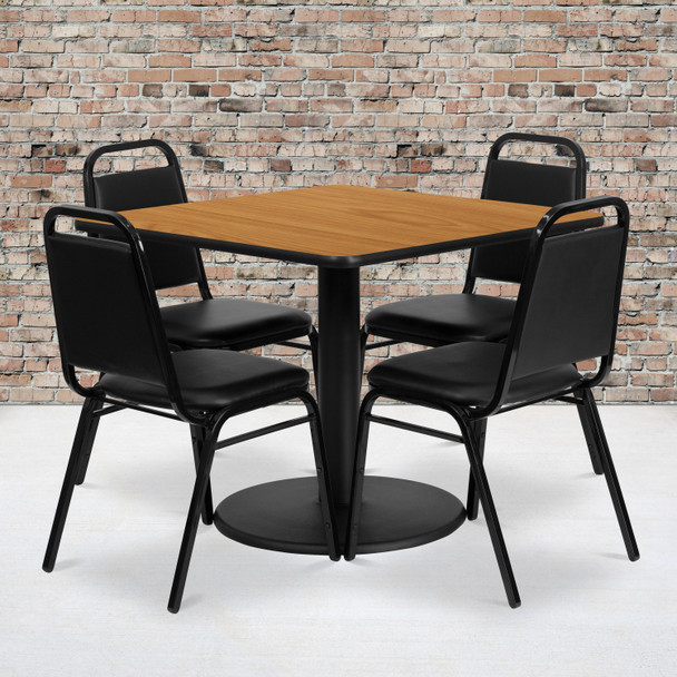 Jamie 36'' Square Natural Laminate Table Set with Round Base and 4 Black Trapezoidal Back Banquet Chairs