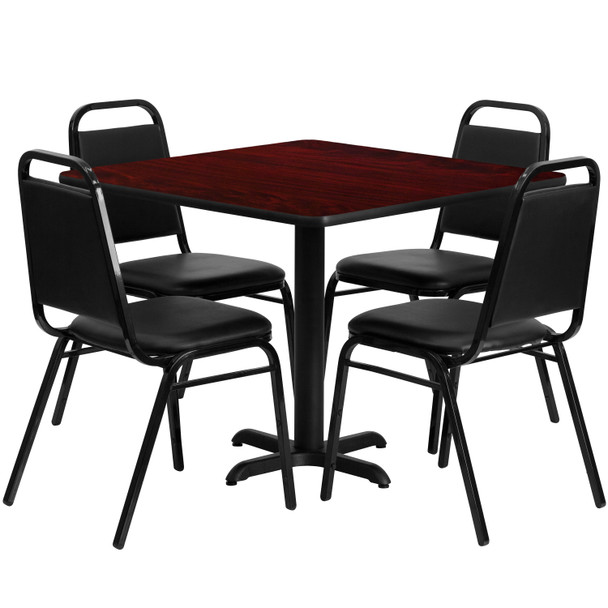 Carlton 36'' Square Mahogany Laminate Table Set with X-Base and 4 Black Trapezoidal Back Banquet Chairs