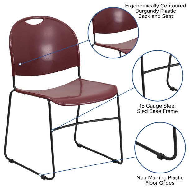 HERCULES Series 880 lb. Capacity Burgundy Ultra-Compact Stack Chair with Black Powder Coated Frame