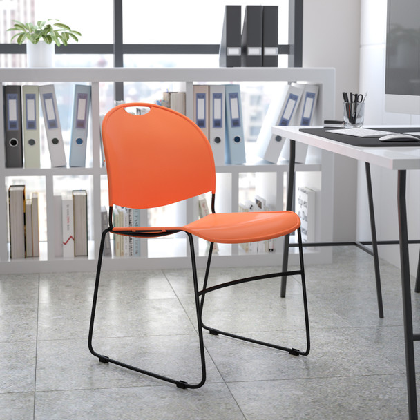 HERCULES Series 880 lb. Capacity Orange Ultra-Compact Stack Chair with Black Powder Coated Frame