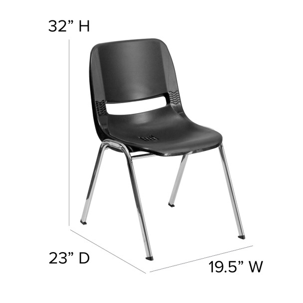 HERCULES Series 880 lb. Capacity Black Ergonomic Shell Stack Chair with Chrome Frame and 18'' Seat Height