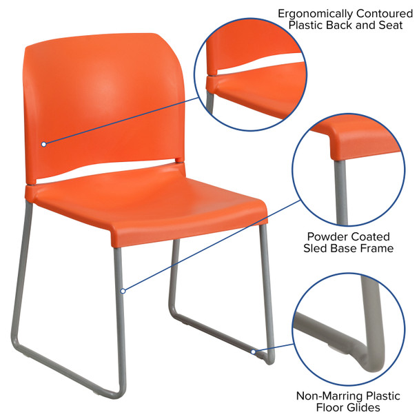 HERCULES Series 880 lb. Capacity Orange Full Back Contoured Stack Chair with Gray Powder Coated Sled Base