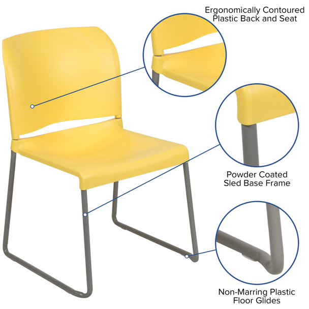 HERCULES Series 880 lb. Capacity Yellow Full Back Contoured Stack Chair with Gray Powder Coated Sled Base