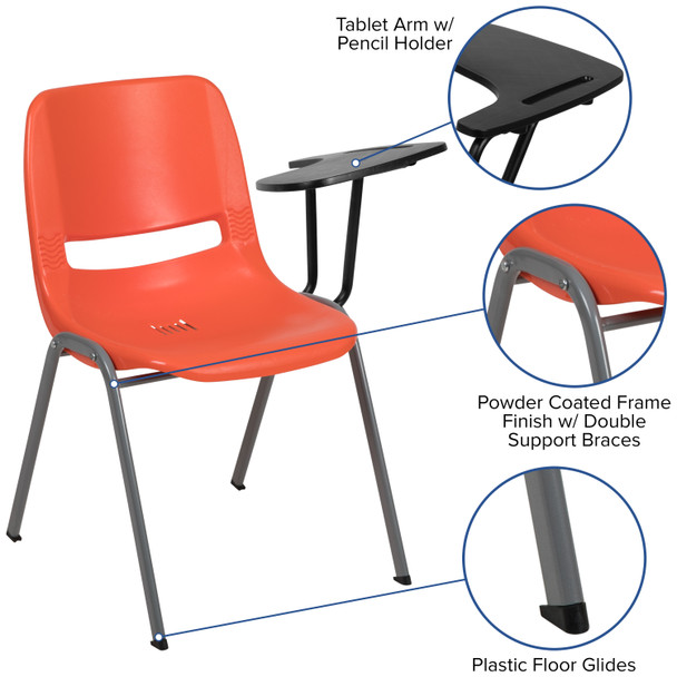 HERCULES Orange Ergonomic Shell Chair with Left Handed Flip-Up Tablet Arm