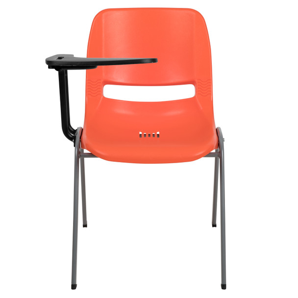 HERCULES Orange Ergonomic Shell Chair with Right Handed Flip-Up Tablet Arm