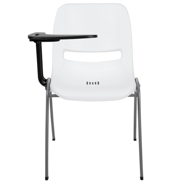 HERCULES White Ergonomic Shell Chair with Right Handed Flip-Up Tablet Arm