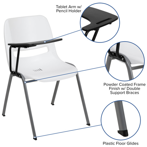 HERCULES White Ergonomic Shell Chair with Right Handed Flip-Up Tablet Arm