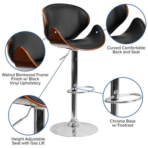 Farley Walnut Bentwood Adjustable Height Barstool with Curved Back and Black Vinyl Seat