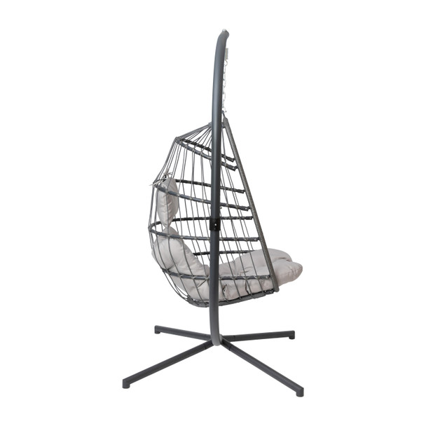 Cleo Patio Hanging Egg Chair, Wicker Hammock with Soft Seat Cushions & Swing Stand, Indoor/Outdoor Gray Frame-Gray Cushions