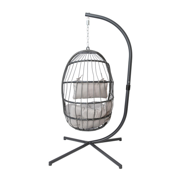 Cleo Patio Hanging Egg Chair, Wicker Hammock with Soft Seat Cushions & Swing Stand, Indoor/Outdoor Gray Frame-Gray Cushions