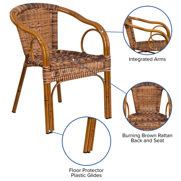 Cadiz Series Burning Brown Rattan Restaurant Patio Chair with Dark Red Bamboo-Aluminum Frame