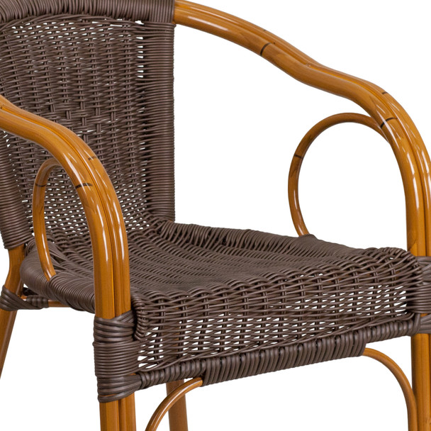 Cadiz Series Dark Brown Rattan Restaurant Patio Chair with Red Bamboo-Aluminum Frame