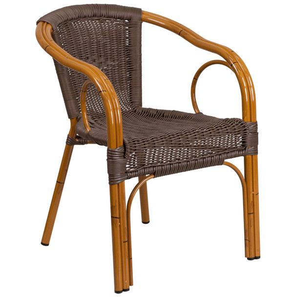 Cadiz Series Dark Brown Rattan Restaurant Patio Chair with Red Bamboo-Aluminum Frame
