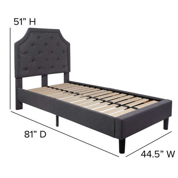 Brighton Twin Size Tufted Upholstered Platform Bed in Dark Gray Fabric