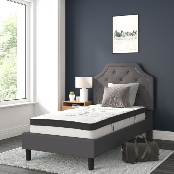 Brighton Twin Size Tufted Upholstered Platform Bed in Dark Gray Fabric with 10 Inch CertiPUR-US Certified Pocket Spring Mattress