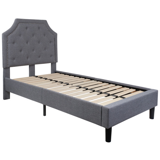 Brighton Twin Size Tufted Upholstered Platform Bed in Light Gray Fabric with 10 Inch CertiPUR-US Certified Pocket Spring Mattress