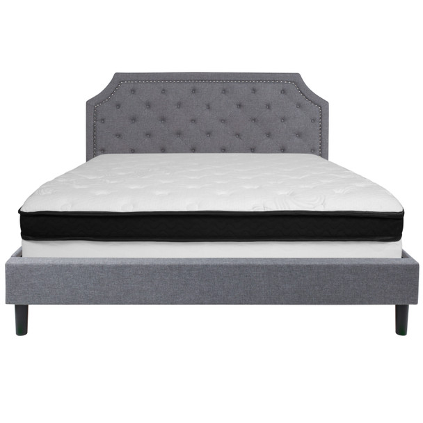 Brighton King Size Tufted Upholstered Platform Bed in Light Gray Fabric with Memory Foam Mattress