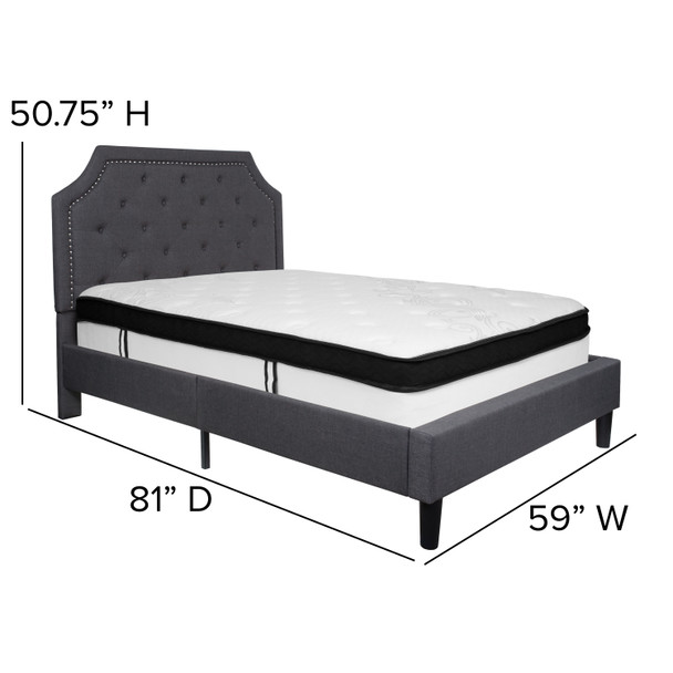 Brighton Full Size Tufted Upholstered Platform Bed in Dark Gray Fabric with Memory Foam Mattress