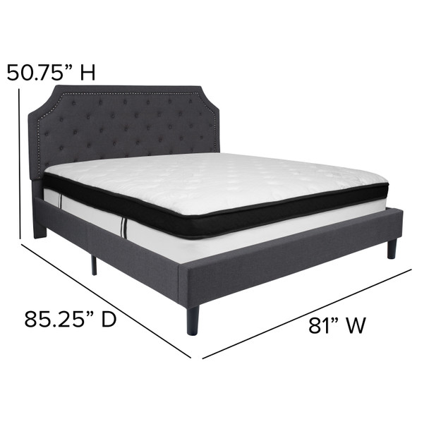 Brighton King Size Tufted Upholstered Platform Bed in Dark Gray Fabric with Memory Foam Mattress